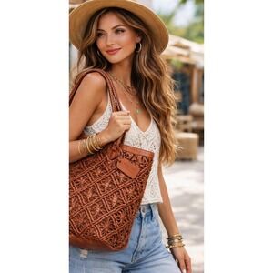 Womens Large Woven Leather Tote Bag Brown Boho Shoulder Market Bag